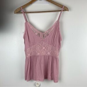 American Rag NWT Boho Babydoll Tank Gauzy Blush Pink Lace Trim y2k Size Medium